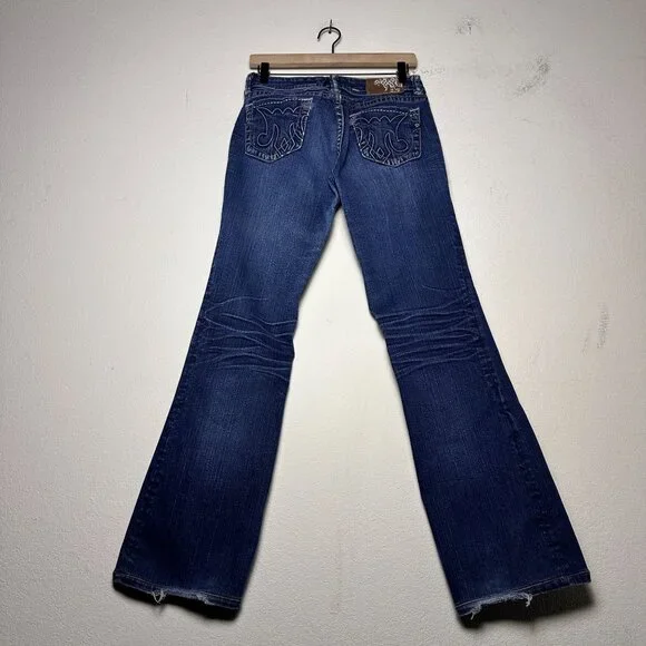 Y2K Mek Denim Jean Pant Women 30x34 Moscow Slim Boot Flared Distressed Blue - Picture 2 of 15